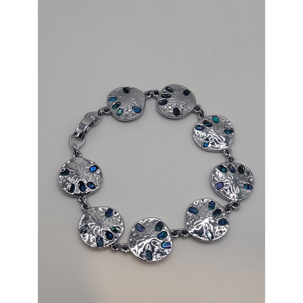 Silver Tone Blue Crystal Sand Dollar Link Bracelet Costal Beach Ocean